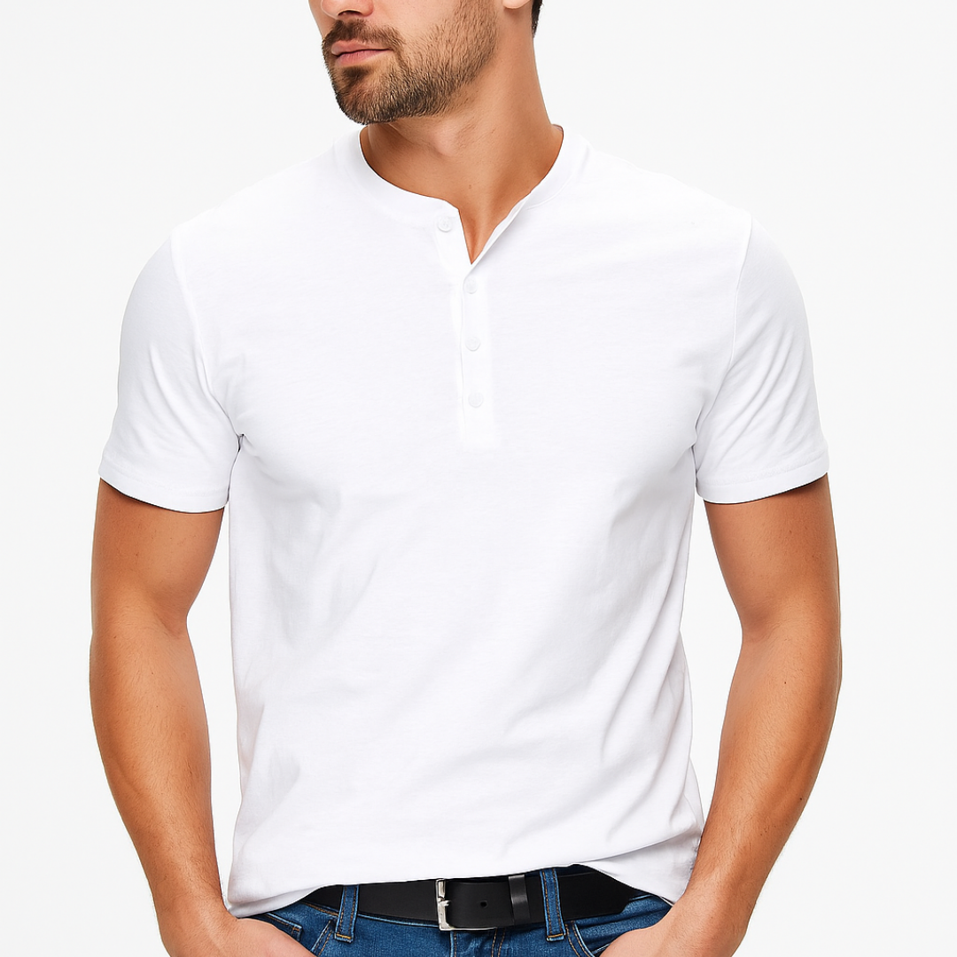 Camisa Henley com Gola de Botões e Camadas Inferiores Lisos