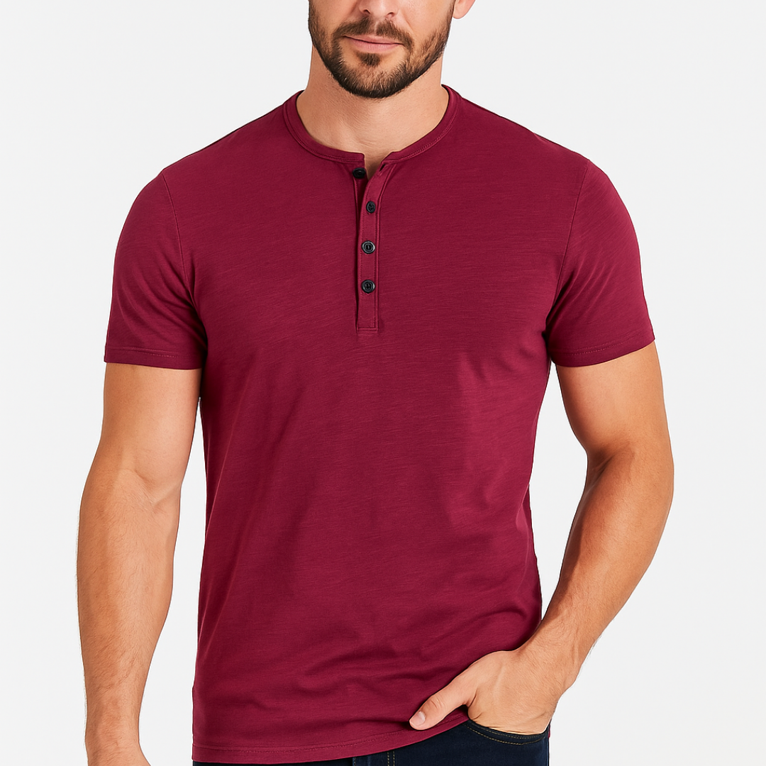 Camisa Henley com Gola de Botões e Camadas Inferiores Lisos