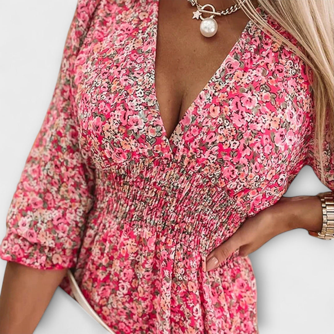 Vestido de mangas balão florido para senhoras