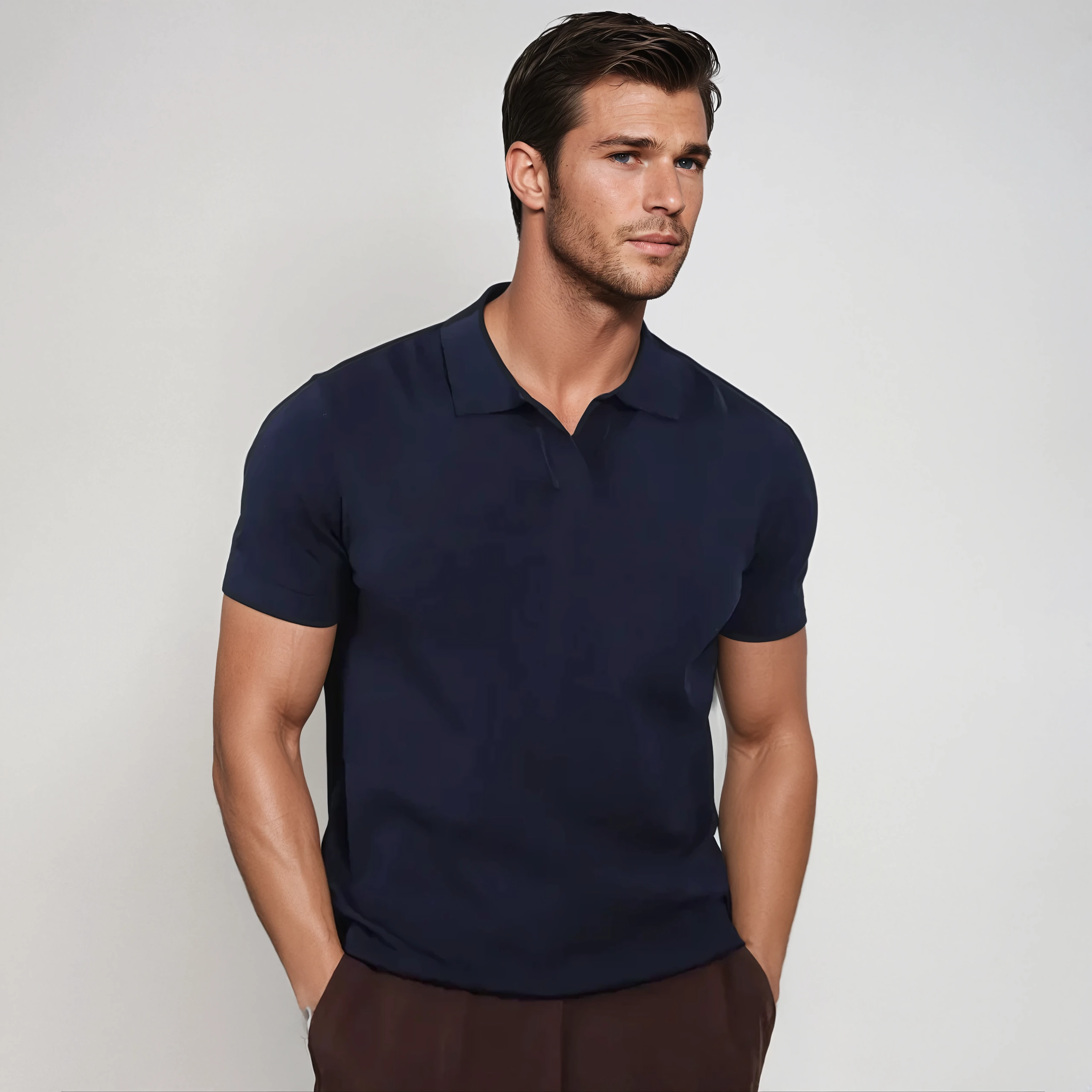 Polo Shirt - Natural Blend with Short Placket and Elegant Neckline