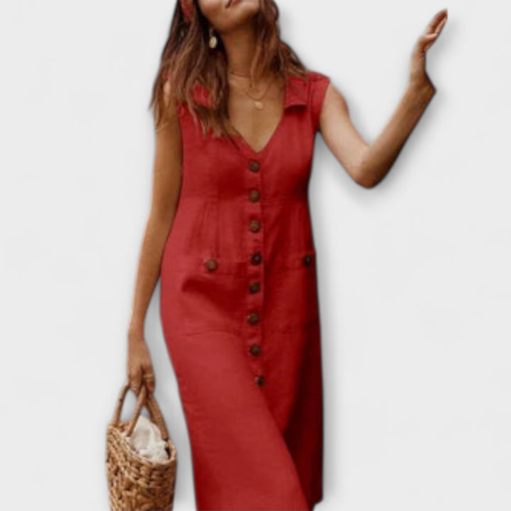 Nora – Vestido em A de Algodão e Linho com Gola Reversa