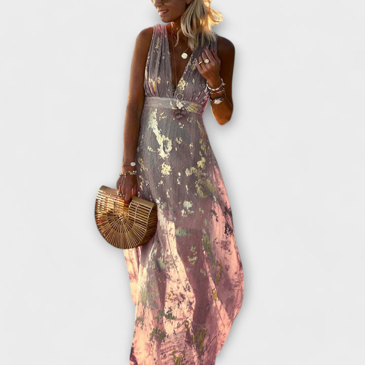 Vestido fluido com decote em V e detalhes em lantejoulas