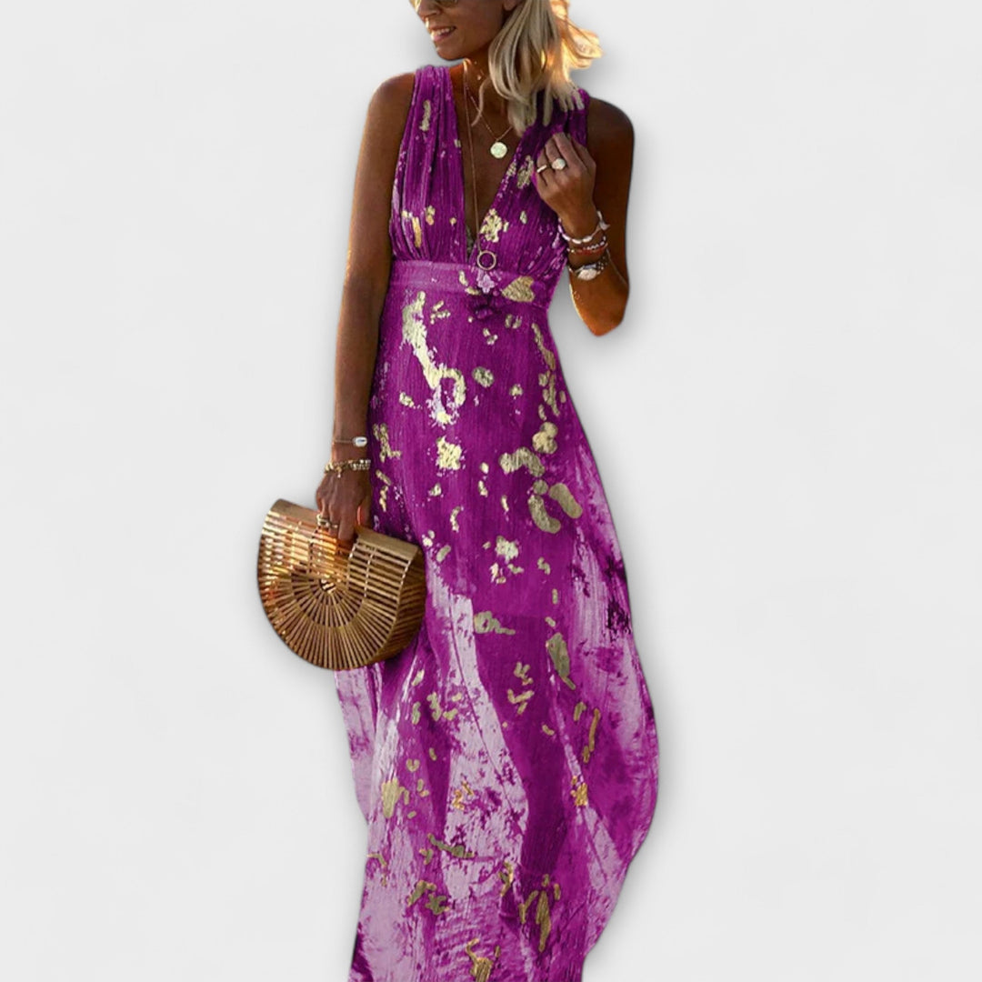 Vestido fluido com decote em V e detalhes em lantejoulas