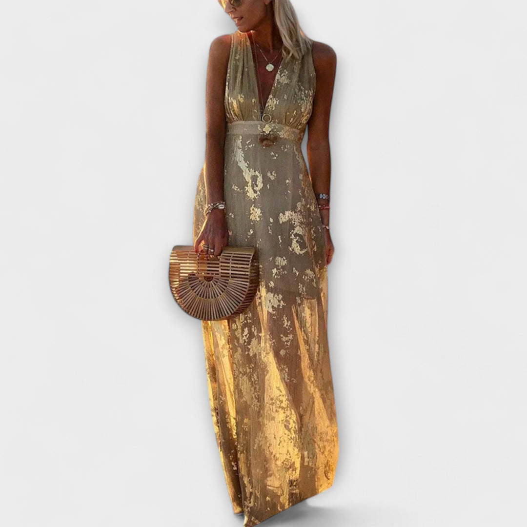 Vestido fluido com decote em V e detalhes em lantejoulas