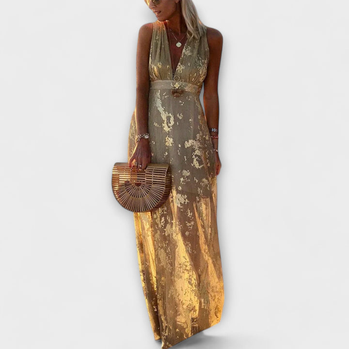 Vestido fluido com decote em V e detalhes em lantejoulas