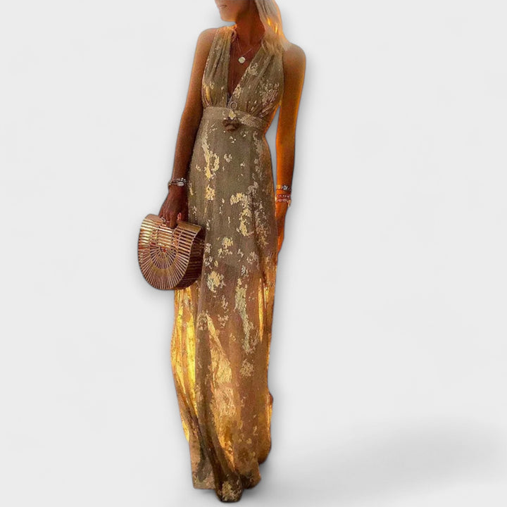 Vestido fluido com decote em V e detalhes em lantejoulas