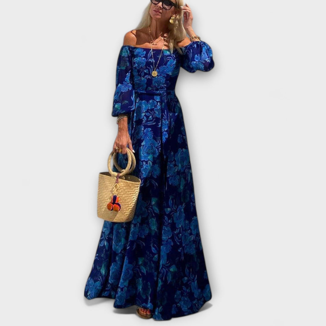 Juniper - Vestido Maxí Smocked Off-Shoulder para as Férias