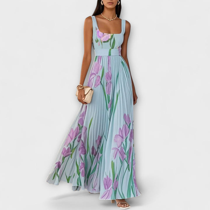 Vestido Maxí de Chiffon Floral Dobrada