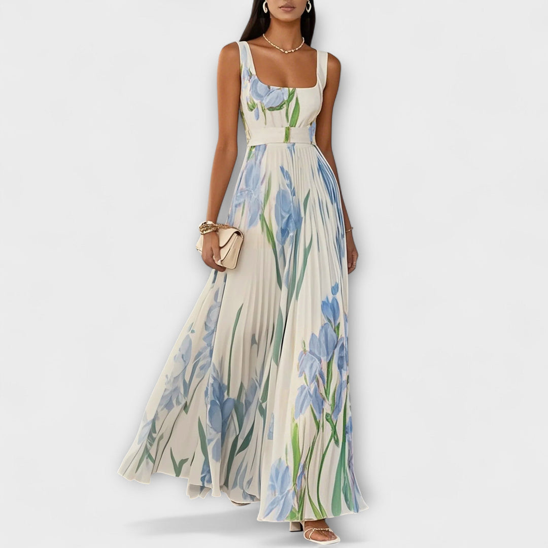 Vestido Maxí de Chiffon Floral Dobrada