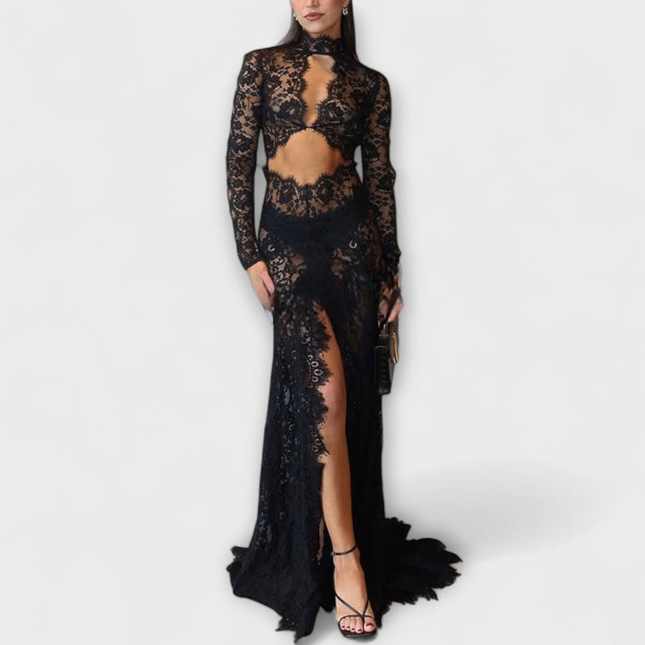 Azalee - Elegância da Meia-Noite Vestido Maxi Transparente com Recortes de Manga Longa