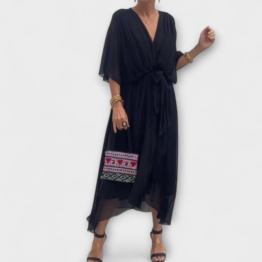 Vestido Midi Fluido para Senhora com Decote em V e Cinto na Cintura