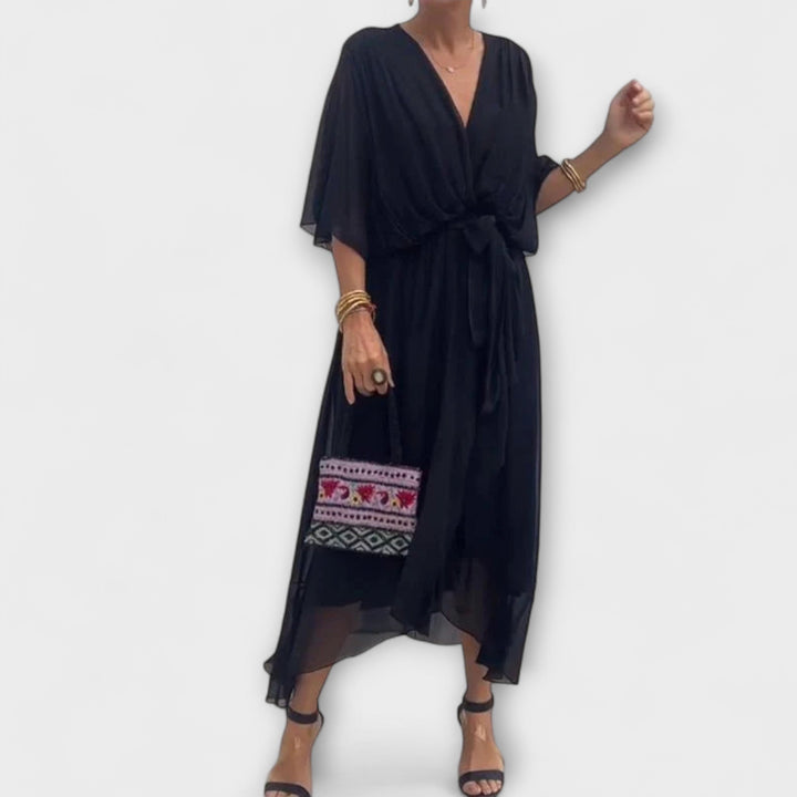 Vestido Midi Fluido para Senhora com Decote em V e Cinto na Cintura