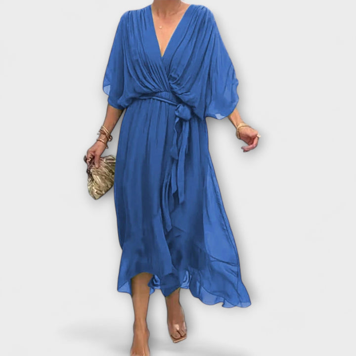 Vestido Midi Fluido para Senhora com Decote em V e Cinto na Cintura