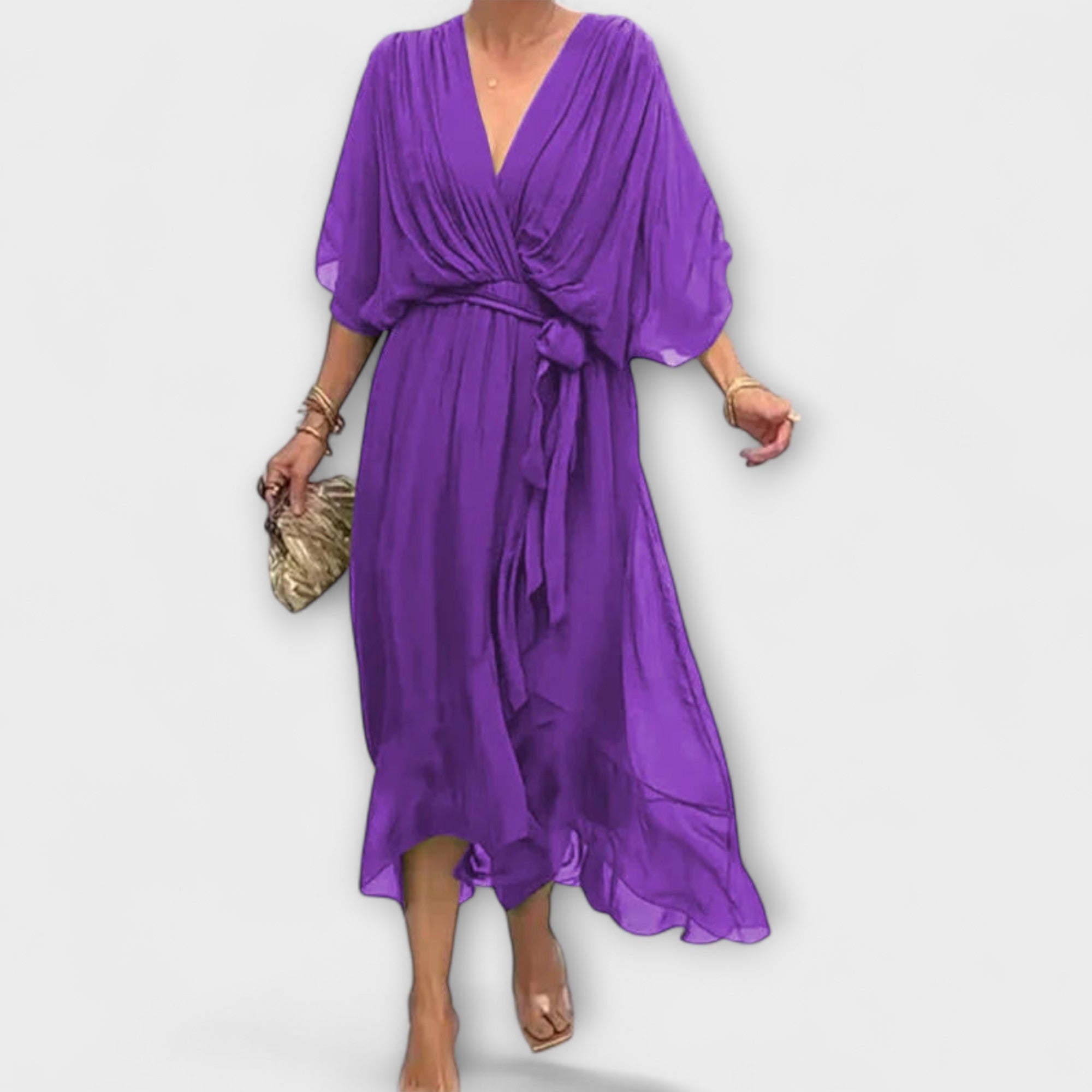 Vestido Midi Fluido para Senhora com Decote em V e Cinto na Cintura