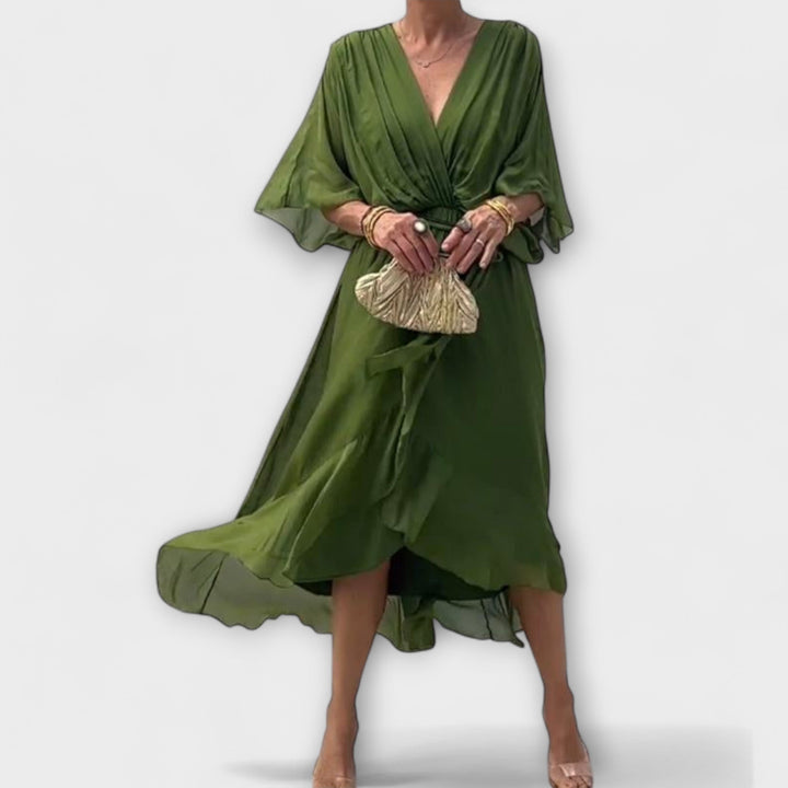 Vestido Midi Fluido para Senhora com Decote em V e Cinto na Cintura