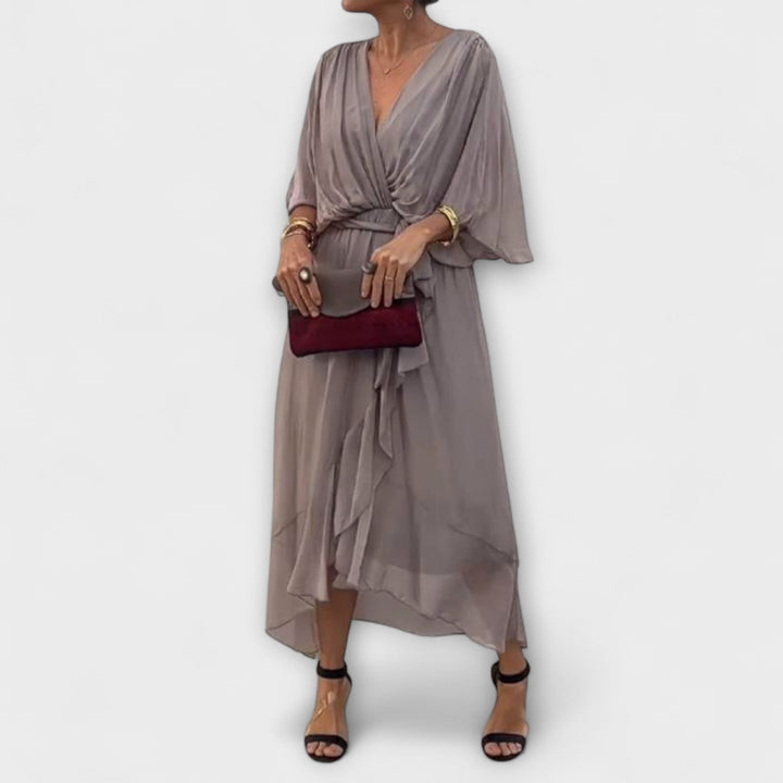Vestido Midi Fluido para Senhora com Decote em V e Cinto na Cintura