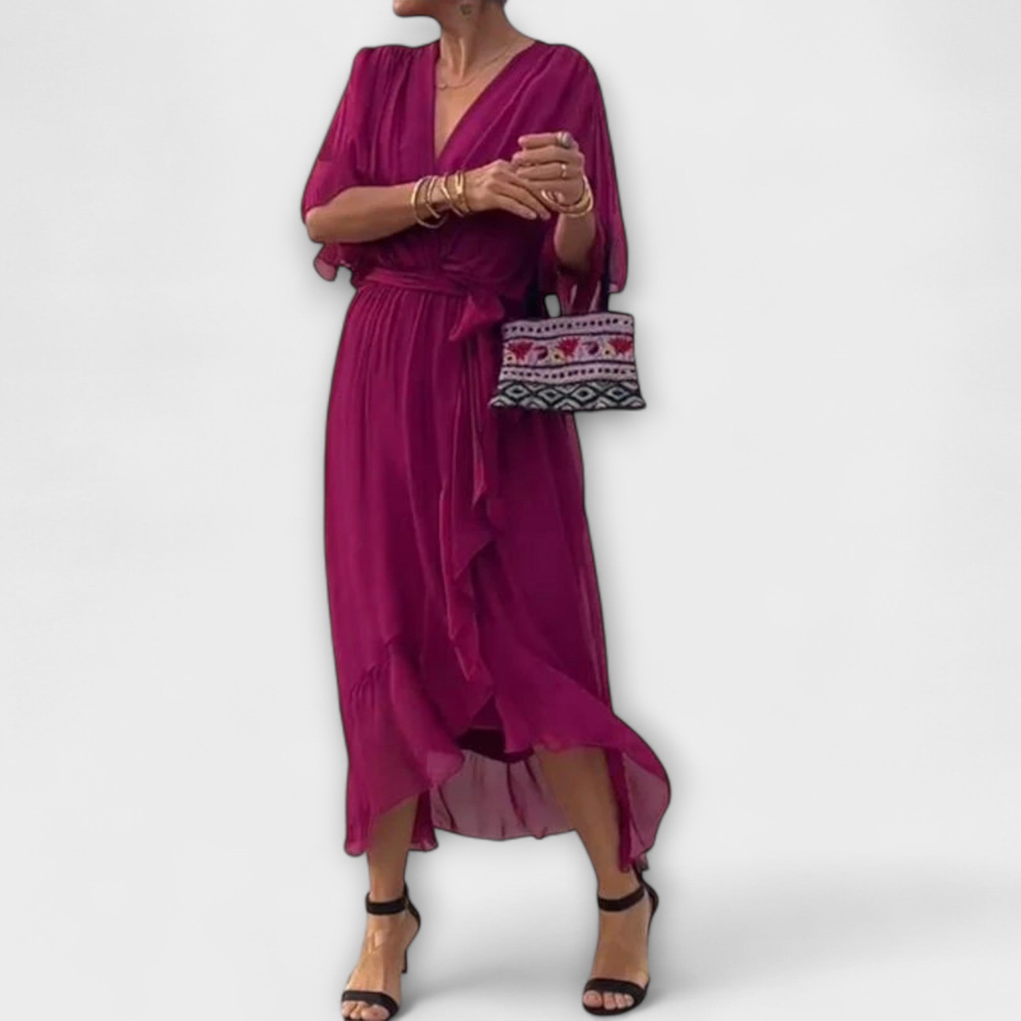 Vestido Midi Fluido para Senhora com Decote em V e Cinto na Cintura