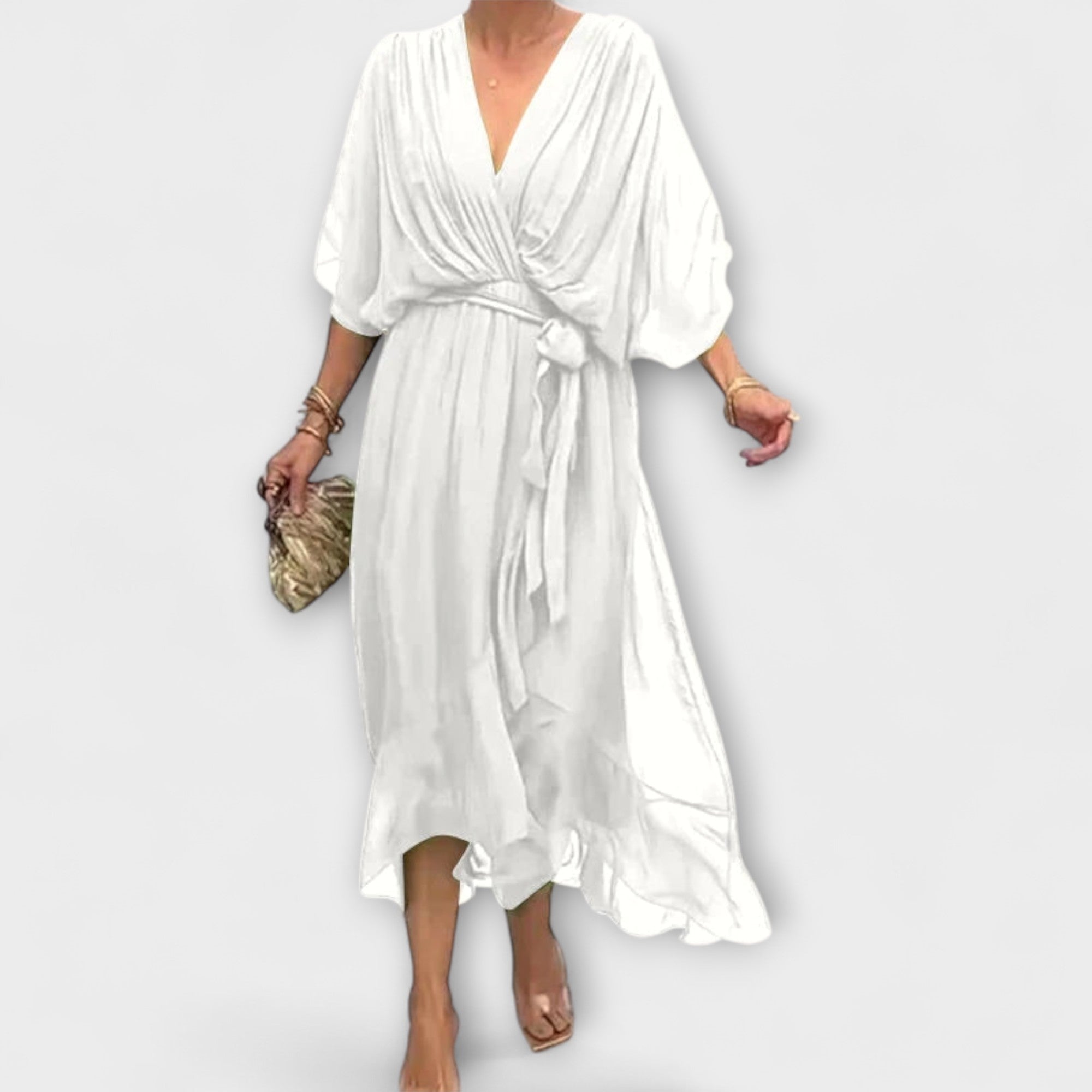 Vestido Midi Fluido para Senhora com Decote em V e Cinto na Cintura