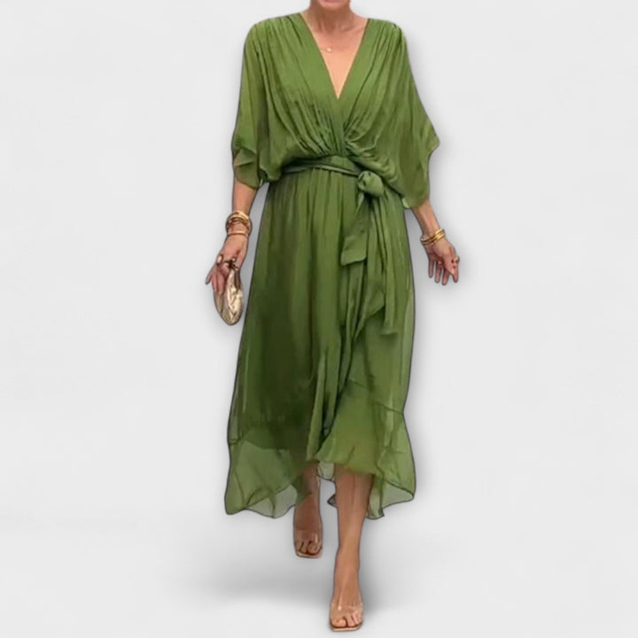 Vestido Midi Fluido para Senhora com Decote em V e Cinto na Cintura