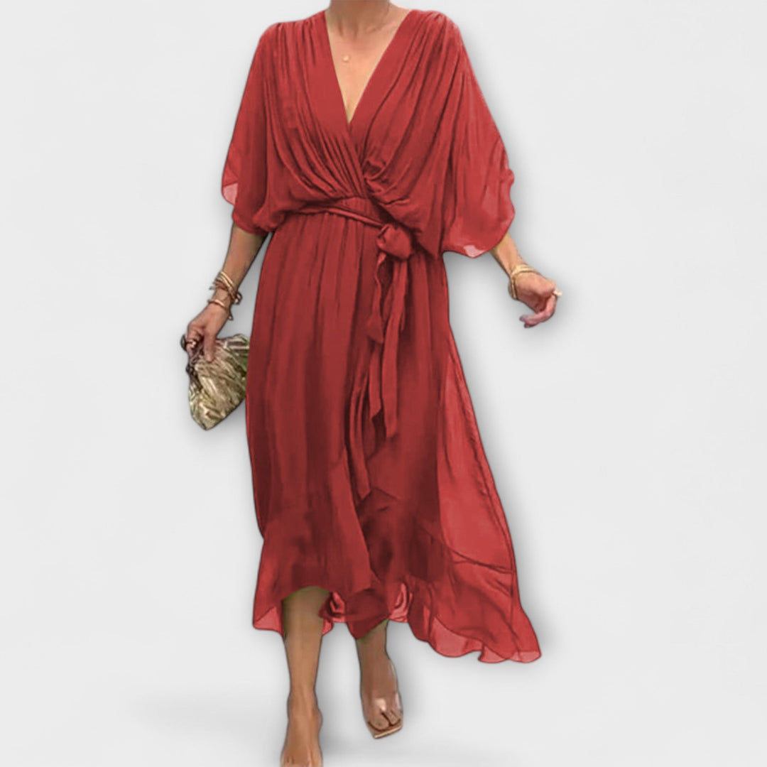 Vestido Midi Fluido para Senhora com Decote em V e Cinto na Cintura