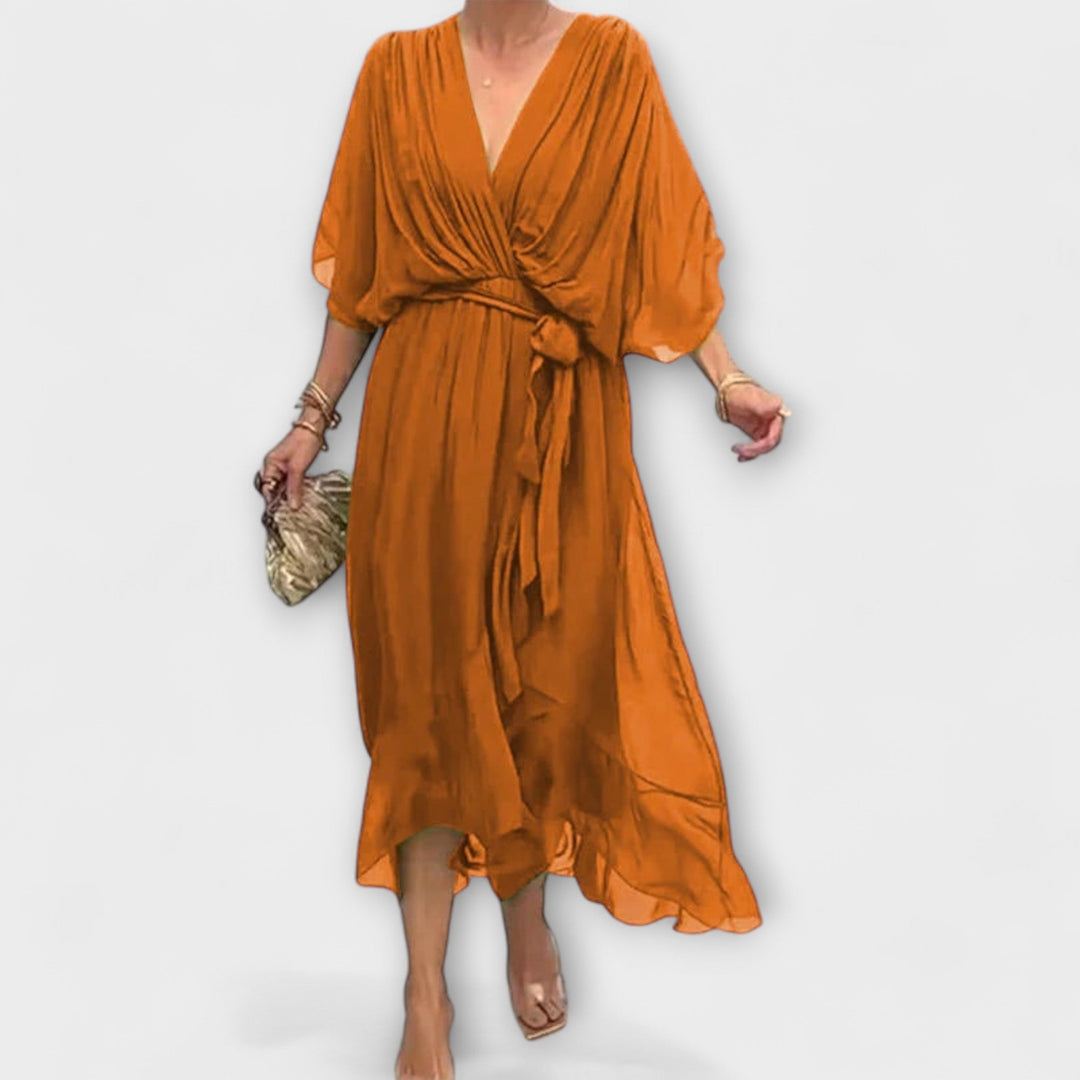 Vestido Midi Fluido para Senhora com Decote em V e Cinto na Cintura