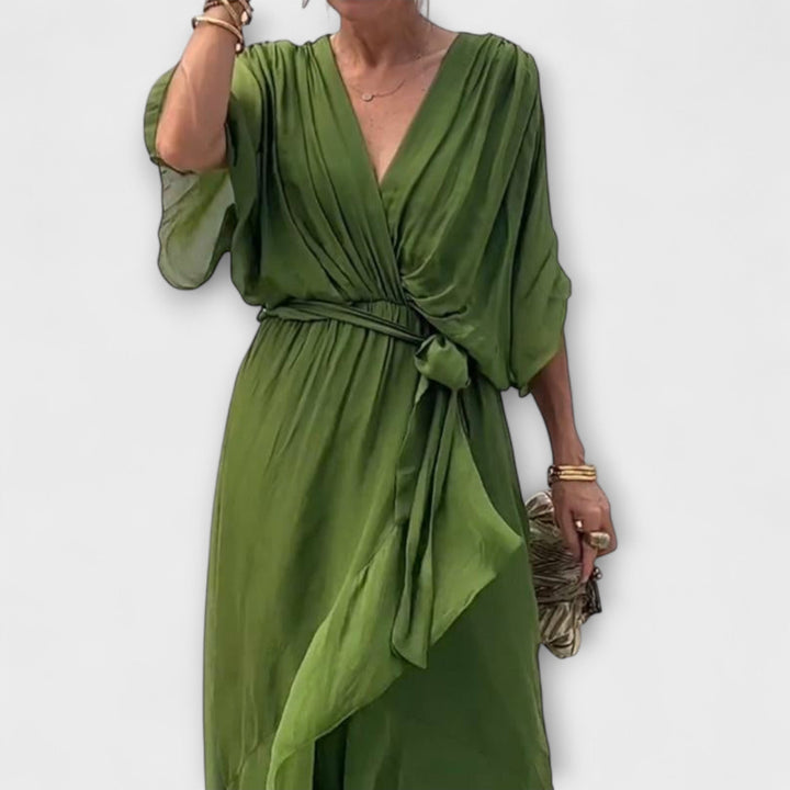 Vestido Midi Fluido para Senhora com Decote em V e Cinto na Cintura